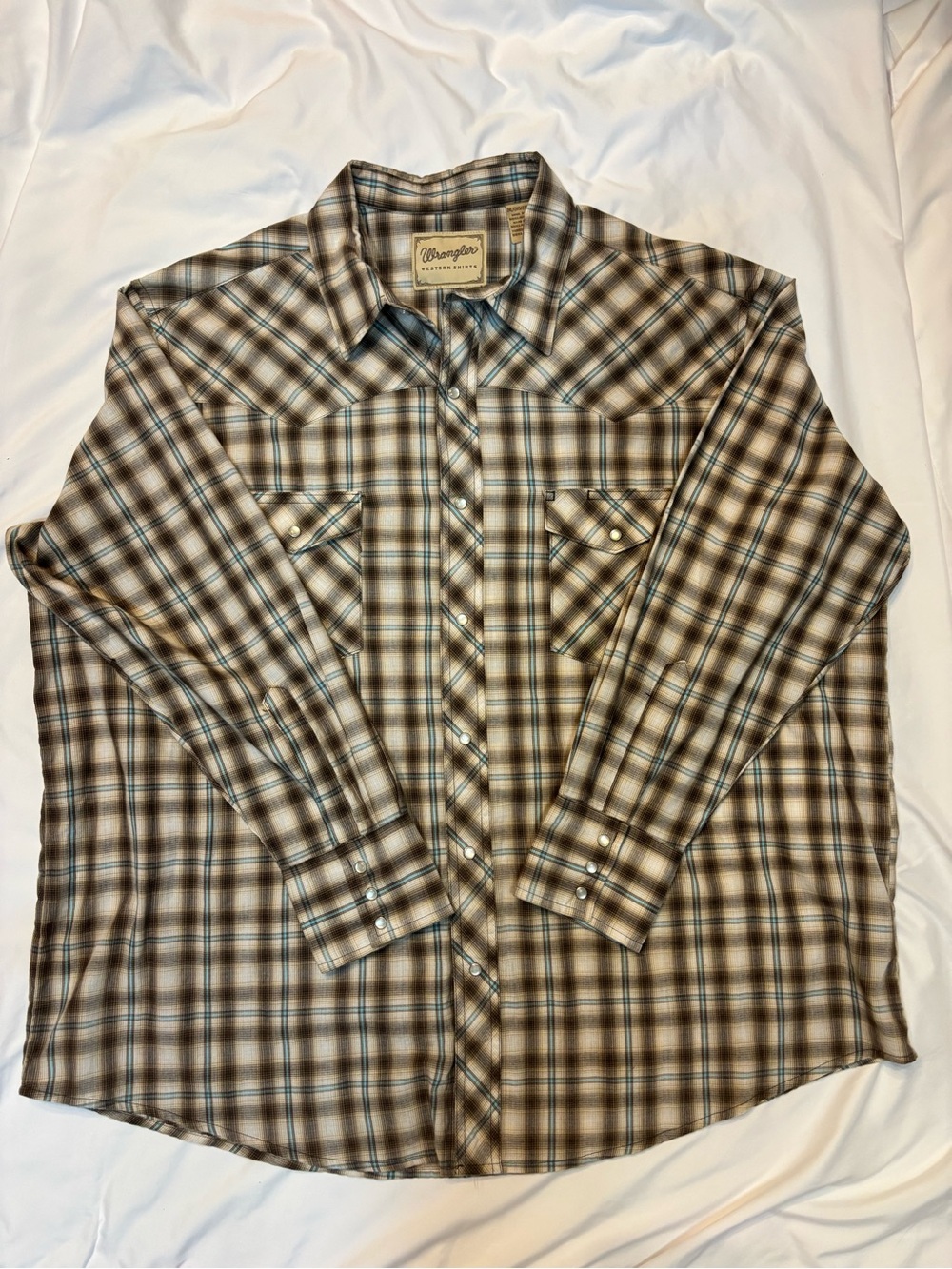 Wrangler Men’s XXL Pearl Snap Western Shirt Brown Plaid Long Sleeve Cowboy